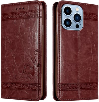 Cadorabo Hoesje geschikt voor Apple iPhone 13 PRO MAX in Donker Rood met ornamenten - Beschermhoes met magnetische sluiting, standfunctie en kaartvakje Case Cover Etui