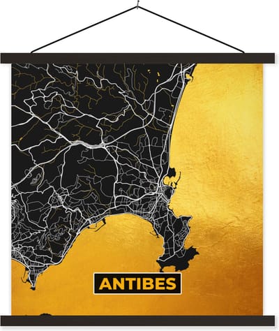 Posterhanger incl. Poster 60x60 cm - Schoolplaat - Frankrijk – Plattegrond – Kaart – Antibes – Stadskaart - Textielposter - Zwarte latten - Stadskaart