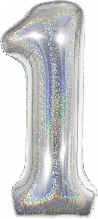 Ballon Cijfer 1 Jaar Zilver Helium Ballonnen Verjaardag Versiering Zilveren Feest Versiering Met Rietje Glitter - 86Cm