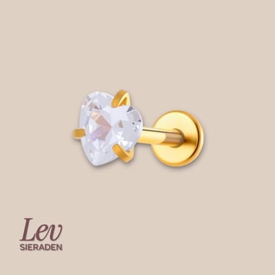 Lev Sieraden - 1.2 x 8 mm Titanium Push Pin Labret met 3 mm hart zirkonia - Goud kleurig - Zirkonia - Chaton - neuspiercing - tragus piercing - lippiercing - tragus piercing - Oor piercing - Helix - antie alergie nikkelvrij Piercing