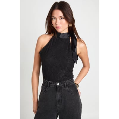 boohoo Dames Kanten Satijn Strik Detail Hoge Hals Bodysuit | Black | Maat: 6