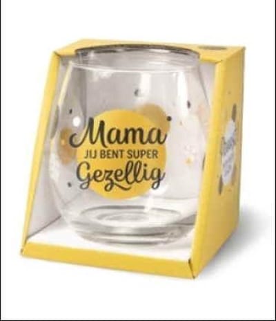 Moederdag - Wijnglas - Waterglas - Mama jij bent super gezellig - Gevuld met toffeemix - In cadeauverpakking met gekleurd lint