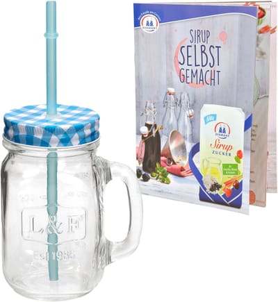 Glazen mok met handvat, deksel en rietje incl. receptenboekje - blauw geruit - 0,5 liter drinkbeker / drinkglas met reliëf