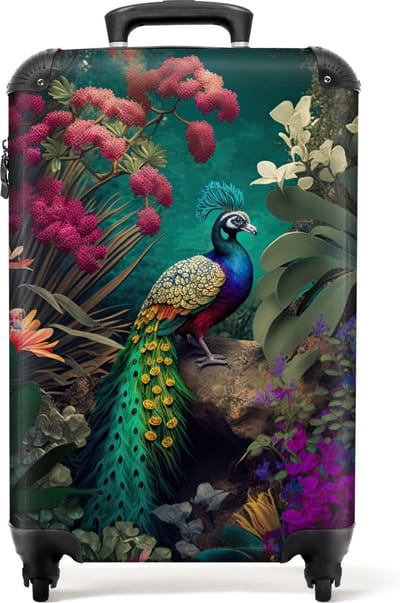 NoBoringSuitcases.com - Koffer - Pauw - Veren - Regenboog - Bloemen - Jungle - Reiskoffer - Handbagage koffer - Trolley op wieltjes - Past binnen 55x40x20 cm en 55x35x25 cm - Fotokoffer - Hardcase koffer - Lichtgewicht - TSA slot - Kofferslot