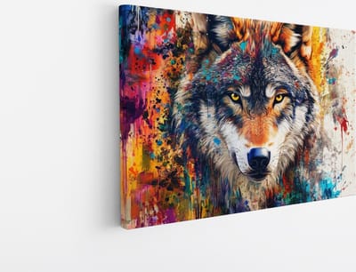 Saammp Canvas Schilderij - Kleurrijke Wolf - Abstract - Dieren - Natuur - 30x20 - Foto op canvas - Wanddecoratie - muurdecoratie Woonkamer - Slaapkamer decoratie - Canvas Print