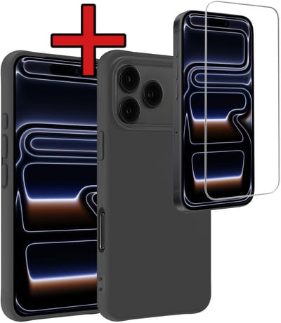 Hoesje - Met Screenprotector - Geschikt voor iPhone 17 Pro / 18 Pro - Sterk & Shockproof - Telefoon Hoes - Back Cover - Siliconen Case - Telefoonhoes - Zwart