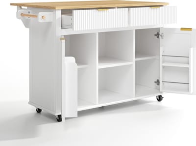 Keukeneiland op Wielen met Klapblad - Verrijdbaar Keukeneiland Wit met Lades en Kast - Extra Werkblad en Opbergruimte voor de Keuken
