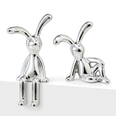 Zilverkleurig konijn beeld set van 2 decoratief beeldje langoren dieren figuur ornament voor bureau auto dashboard en woonkamer modern design