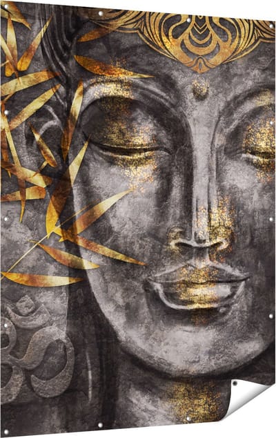 Gards Tuinposter Gouden Boeddha van Aquarel - Abstract - 120x160 cm - Tuindoek - Tuindecoratie - Wanddecoratie buiten - Tuinschilderij