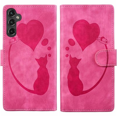 BoekCover Hoes Etui geschikt voor Samsung Galaxy A37 - A56 - A36 - Kat en Hart - Roze - Reliëf