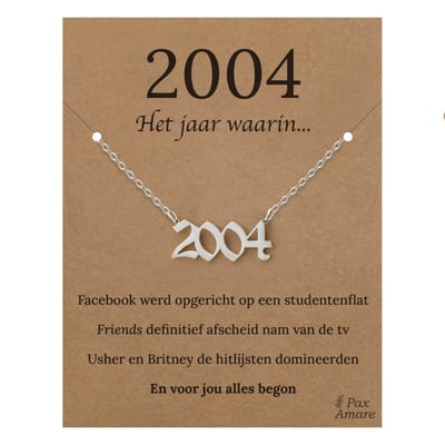 Jaartal 2004 Ketting op Cadeau Kaartje - Zilverkleurig Stainless Steel - 45cm - Met informatie over geboortejaar - Pax Amare