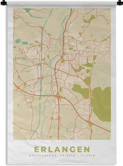 Wandkleed - Wanddoek - Erlangen - Vintage - Stadskaart - Kaart - Plattegrond - 120x180 cm - Wandtapijt