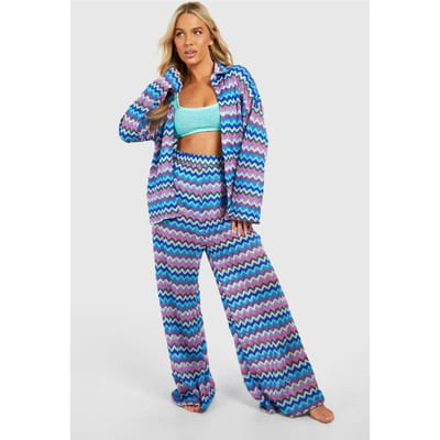 boohoo Dames Zig Zag Gebreide Broek met Wijde Pijpen voor op het Strand | Blue | Maat: Small