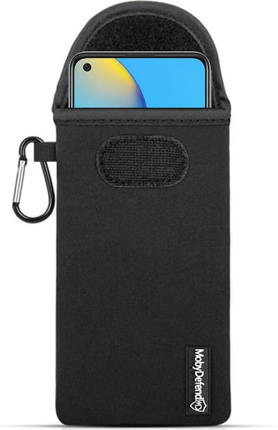 MobyDefend Hoesje - Geschikt voor Oppo A74 4G - Neopreen Pouch Met Karabijnhaak - Insteek - Riemlus - Zwart