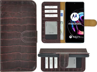 Geschikt voor Motorola Moto Edge 20 Pro Hoesje - Bookcase - Portemonnee Hoes Echt leer Wallet case Croco Bordeauxrood