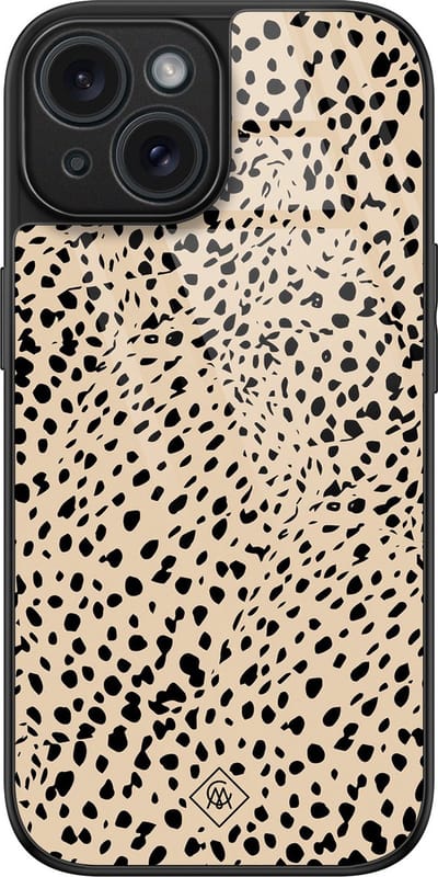 Casimoda® hoesje - Geschikt voor iPhone 15 - Stippen bruin abstract - Luxe Hard Case Zwart - Backcover telefoonhoesje - Bruin/beige