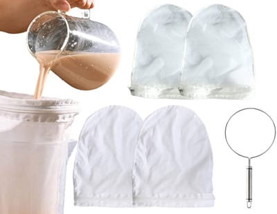 MTTProducts - Notenmelkzak - Filterdoek - Handig voor sap en melk - Wasbaar - Inclusief stalen ringhouder - Keukenaccessoire - Set van 4 doekjes