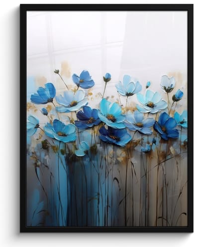 Poster in lijst - Fotolijst 60x80 cm - Posters - Bloemen - Schilderij - Blauw - Posterlijst zwart - Decoratie - Wanddecoratie woonkamer - Muurdecoratie slaapkamer