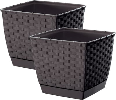 Prosperplast Plantenpot/bloempot - 2x - rotan kunststof - 16.5 x 16.5 cm - bruin