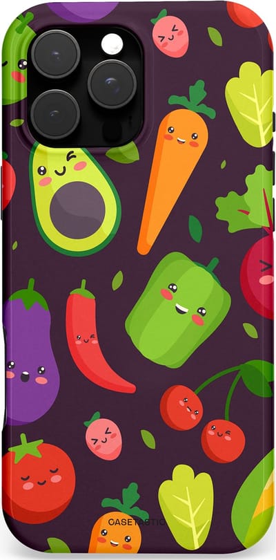 Casetastic hoesje geschikt voor Apple iPhone 16 Pro Max - MagSafe - Dubbellaagse bescherming - Vrolijke Groentevrienden - Fashion Case - Zwart Groen Rood Geel