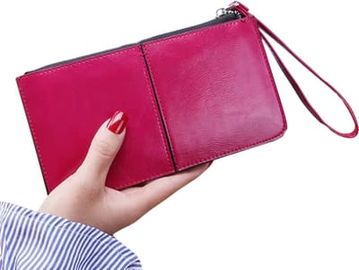 Dames Portemonnee – Lange Rits Clutch Wallet Dames & Handtas – Multi-layer Portemonnee met Rits, Pasjes, Munten en Telefoonvak - Roze rood