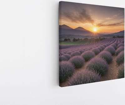 Saammp Canvas Schilderij - Landschap - Lavendel met bergen - Natuur - 20x20 - Foto op canvas - Wanddecoratie - Muurdecoratie Woonkamer - Slaapkamer decoratie - Canvas Print