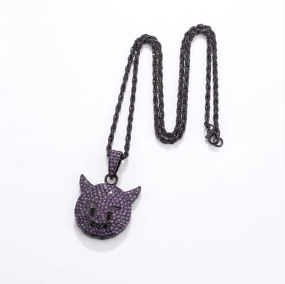 Paars-zilverkleurige ketting met strass emoji-hanger – ketting voor heren en dames – glimlachend gezicht met hoorntjes – schakelketting met fantasiehanger