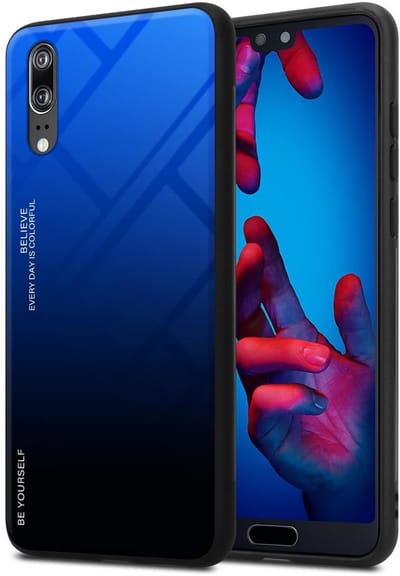 Cadorabo Hoesje geschikt voor Huawei P20 in BLAUW - ZWART - Tweekleurige beschermhoes van TPU-silicone Case Cover en achterzijde van gehard glas