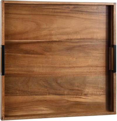 vierkant dienblad met voetensteun voor woonkamer en salontafel, decoratief blad van acaciahout 55 cm met handgrepen voor ontbijt op bed, diner en tv (natuur, 55,9 x 55,9 x 5,1 cm)