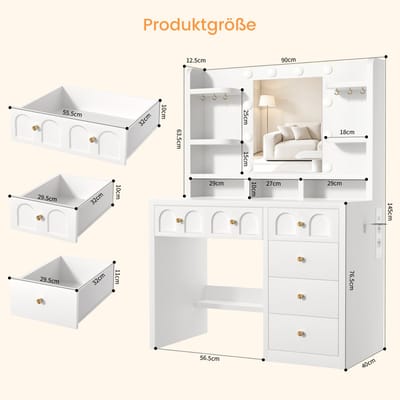 Lexzurn Kaptafel - make up tafel met spiegel - 3 soorten LED-verlichting - Met kettinghaken - met haak voor föhn - met stopcontact en USB-poorten - 145x90x40 cm - geschikt voor slaapkamers en kleedkamers - wit