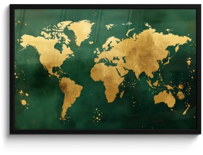 Poster in lijst - Fotolijst 90x60 cm - Posters - Wereldkaart - Groen - Goud - Posterlijst zwart - Decoratie - Wanddecoratie woonkamer - Muurdecoratie slaapkamer