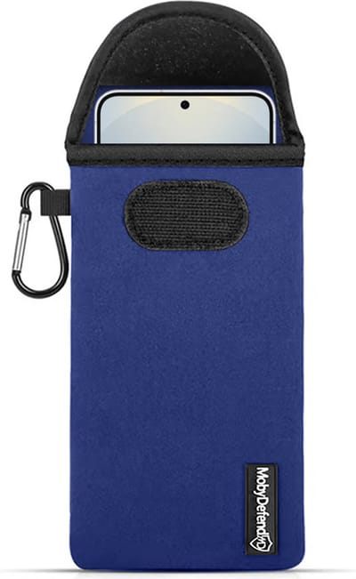 MobyDefend Hoesje - Geschikt voor Samsung Galaxy S25 - Neopreen Pouch Met Karabijnhaak - Insteek - Riemlus - Blauw