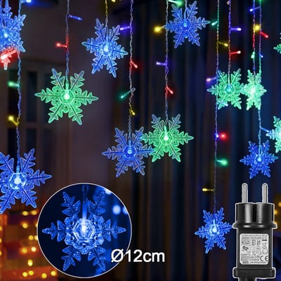 MUPOO Sneeuwvlokken Kerstverlichting Lichtgordijn - 16 sneeuwvlok LED’s Ø12cm - Ijspegel gordijnverlichting 1,8 Meter - Lichtslinger Kerst - met 8 Modi - Timer - voor Balkon Tuin - Multicolour - Raamdecoratie
