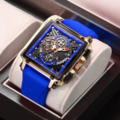 Holle Vierkante Herenhorloges Chronograaf LUIK Merk Luxe Automatische Datum Herenhorloge Waterdichte Mannelijke Horloges blauw/goud