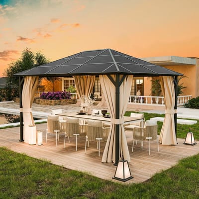 Tuinpaviljoen 3x4m Waterdicht Polycarbonaat Pergola met Gordijnen – UV-Bescherming, Winterbestendig Aluminium Frame 6x6 cm Palen – Luxe Prieel 12m² voor 6-8 Personen – Nicolehome