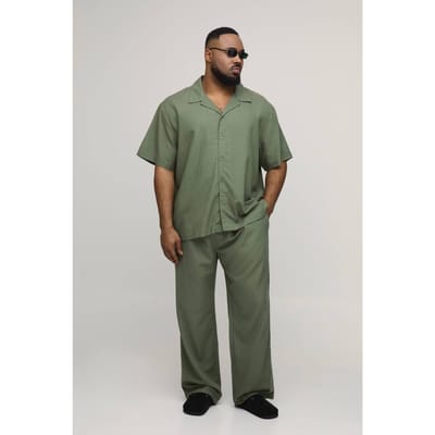 Plus Vakantie Linnen Blend Oversized Shirt & Ontspannen Broek Set | Olive | Size 2XL
