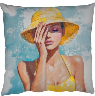 Sierkussens - Kussentjes Woonkamer - 50x50 cm - Schilderij - Vrouw - Hoed - Geel