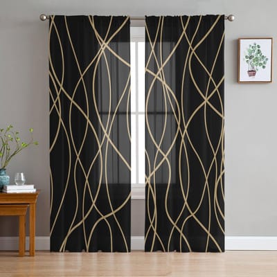 Gedraaide Lijnen Moderne Kunst Zwarte Transparante Gordijnen voor Woonkamer Decoratie Raamgordijnen Keuken Tule Voile Organza Gordijnen W135 x H215cm x1