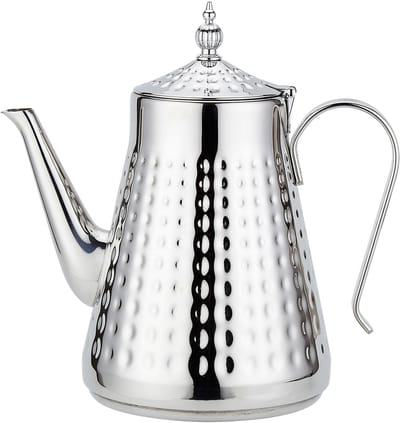 Unyqoos ® Elegante Theepot van Roestvrij Staal met Hamerpatroon en Theezeef, 1,8 Liter Capaciteit, Zilver