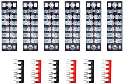 Schroefeindklemmen 6 stuks, 600 V 15 A, dubbele rij klemlijst, 6 posities, terminals in rood en zwart