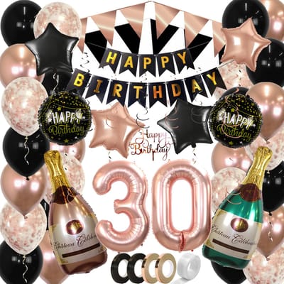 30 Jaar Feest Verjaardag Versiering Confetti Helium Ballonnen Slingers Happy Birthday Rose Goud & Zwart XL SET – 60 Stuks