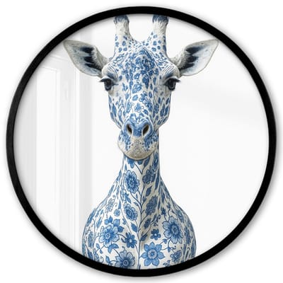 Poster in lijst Rond - Fotolijst 40x40 cm - Posters - Giraffe - Delfts blauw - Dieren - Minimalistisch - Ronde posterlijst zwart - Decoratie - Wanddecoratie woonkamer - Muurdecoratie slaapkamer