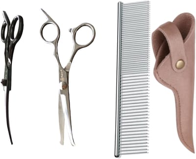 Professionele Hondenschaar – Ergonomisch Krom – Trimschaar – Voor Vacht- & Pootverzorging – RVS met Luxe Lederen Etui – 16,5 cm – Brons + Anti-Klit Kam – Pijnloos & Huisdiervriendelijk