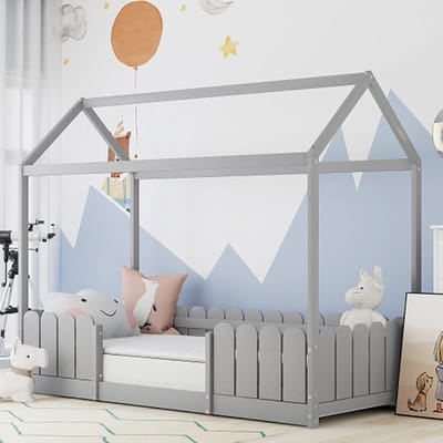 Sweiko huisbed 90x200 cm, multifunctioneel houten kinderbed voor jongens en meisjes, met valbescherming en plat noedelsbedframe, grijs (zonder matras)
