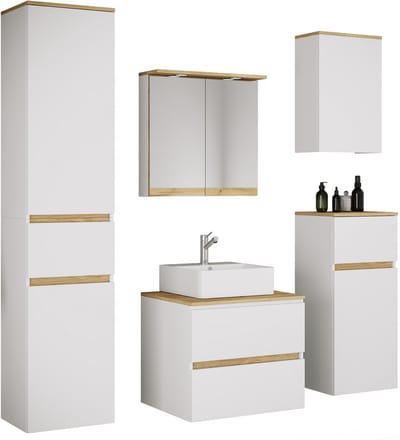 VCM 6-tlg. Waschtisch Set mit Keramikbecken, Badschrank mit 2 Softclose-Schubladen, Hochschrank, Midischrank, Hängeschrank, Spiegelschrank mit Beleuchtung und Steckdose, Maße Unterschrank H. 51 x B. 60 x T. 51 cm, Cosila-A