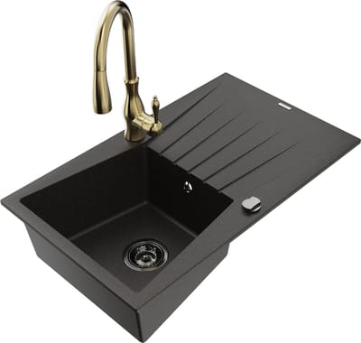 Mexen Cesar granieten gootsteen met 1 bak en afdruiprek en keukenmengkraan Savita, zwart/goud metallic - 6514-75-672601-50-B
