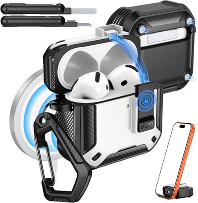 AirPods 4 Hoes met Slot 2024 - Geschikt voor MagSafe, Telefoonstandaard & Automatische Pop-up, Militaire Bescherming met Reinigingsset, Wit en Zwart