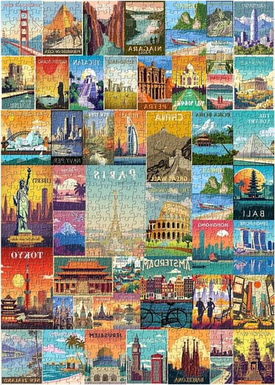 Wereldpuzzel 1000 stukjes - Legpuzzel monumenten - Ontspannen tijdverdrijf - Dubbelzijdige poster - 70 x 50 cm - Vintage