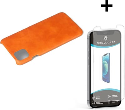 ShieldCase telefoonhoesje geschikt voor Apple iPhone 12 / 12 Pro - 6.1 inch vintage leren hoesje - oranje + glazen Screen Protector