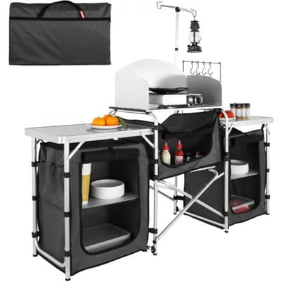 VEVOR Campingkeukentafel, opvouwbare buitenkooktafel met opbergtas, aluminium kookstation met 3 kasten en afneembaar windscherm, snel op te zetten voor picknicks, barbecues, enz.